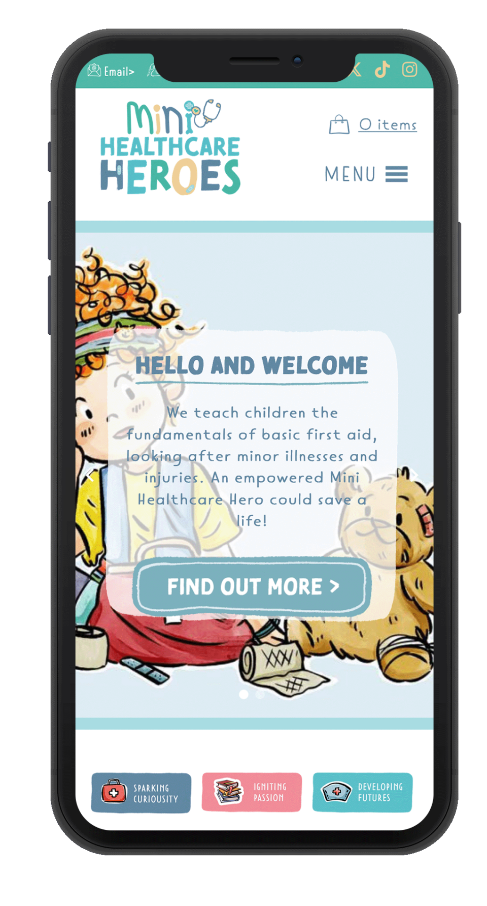 Mini Healthcare Heroes website shown on smartphone