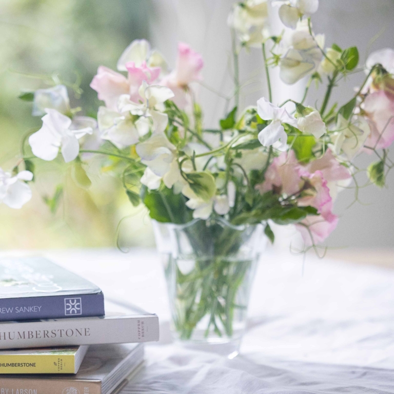 Pink and white sweet peas represent the summer essence of my brand