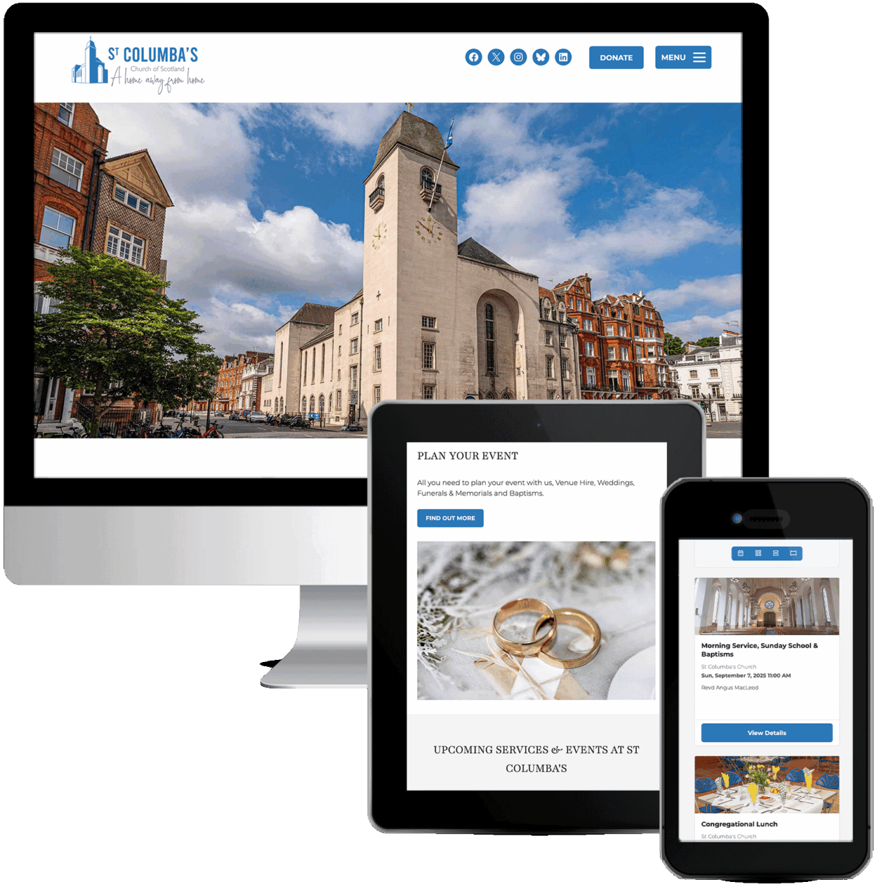 St Columba's Church website design, desktop, tablet and mobile versions